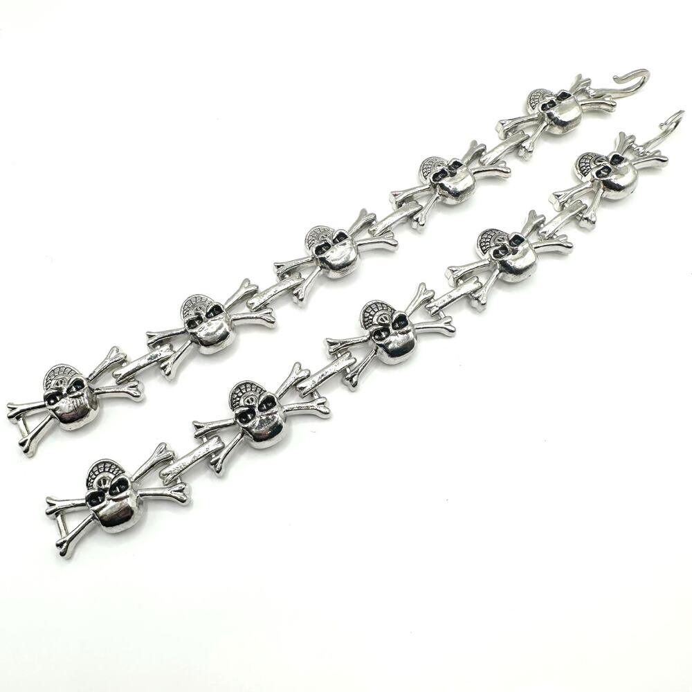 Skull Crossbones Bracelet Silver tone black link Set of 2 Biker Punk Steampunk